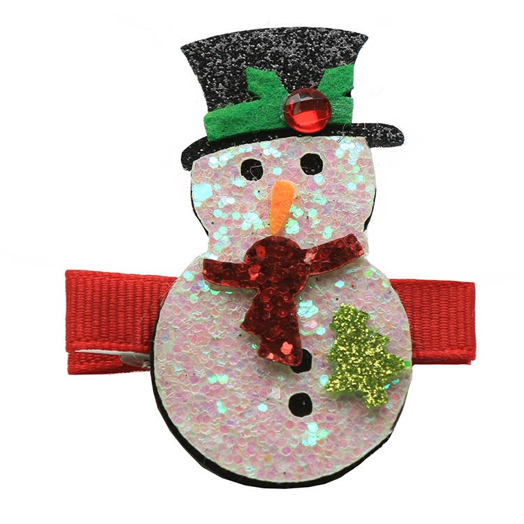 Sparkle Sisters Snowman Clip featuring a glittery snowman perched on a grosgrain pinch clip, perfect for adding a festive touch to kids' holiday hairstyles.