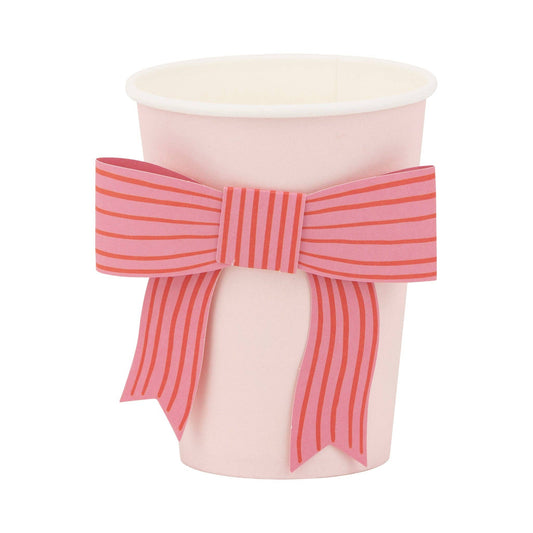 Valentine's Bow Party Cups, 8 cups per pack, 12 oz, 4.5" tall, with adhesive paper bow for a charming touch to your celebration.
