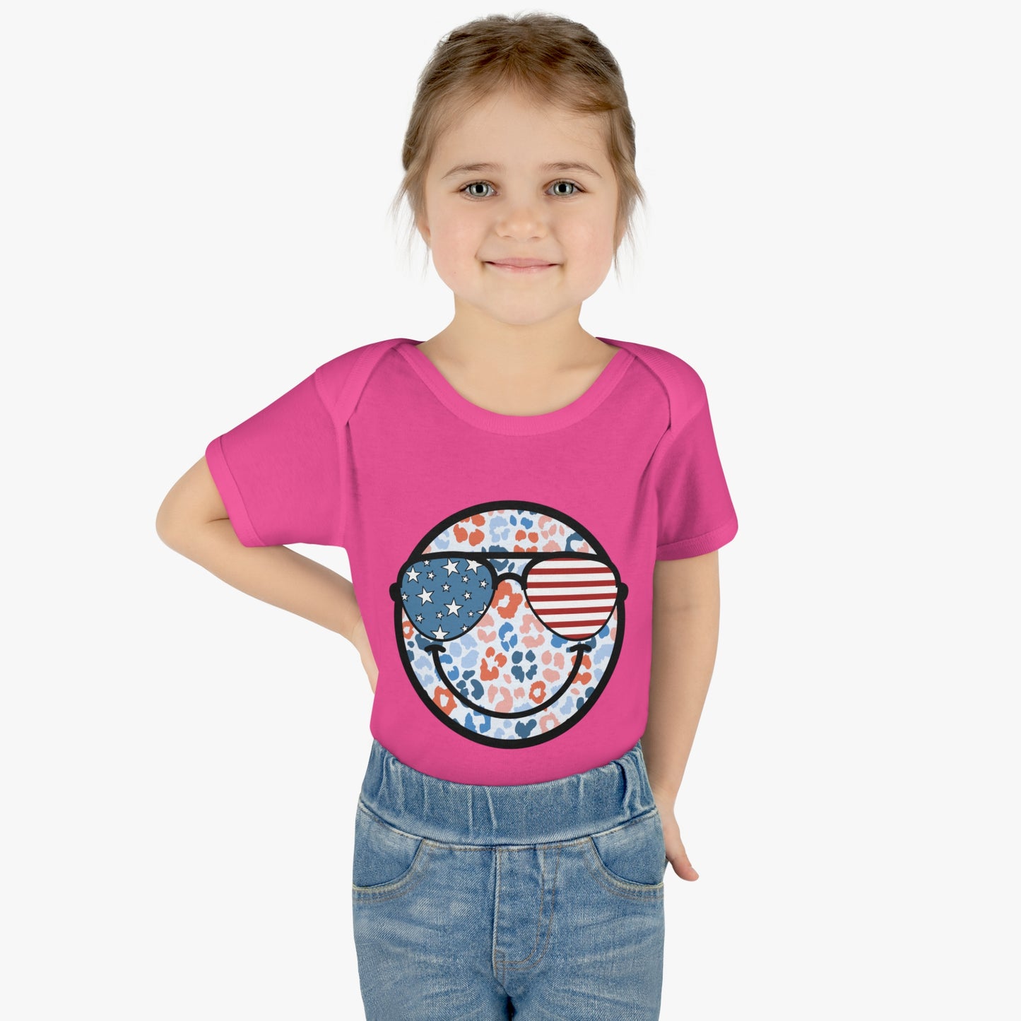 Retro Smiley Face Sunglasses Onesie featuring Patriotic 'Let Freedom Ring' design for Fourth of July celebrations. Vintage style comfort colors t-shirt with smiling happy face and USA flag sunglasses.