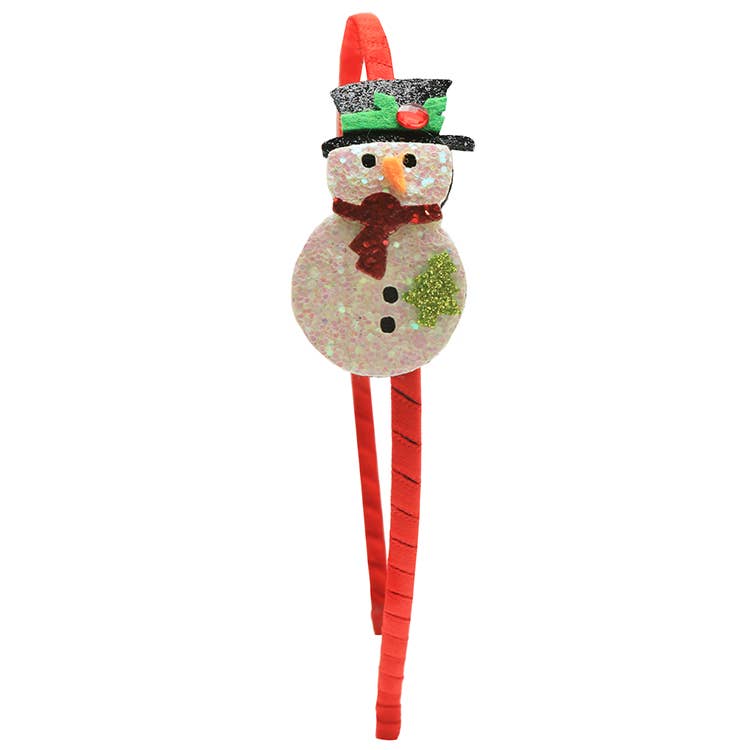 Sparkle Sisters Snowman Headband with a glittery snowman perched on a satin-wrapped band, perfect for adding a whimsical, festive touch to kids' holiday outfits.