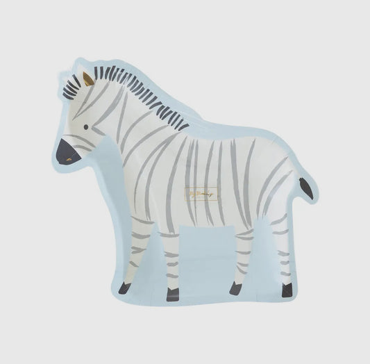 Zebra-shaped paper plates featuring a whimsical zebra illustration with gold foil accents. Includes 8 plates, approximately 11" wide and 10" tall. Perfect for adding a fun and wild touch to a safari-themed birthday party table decor.