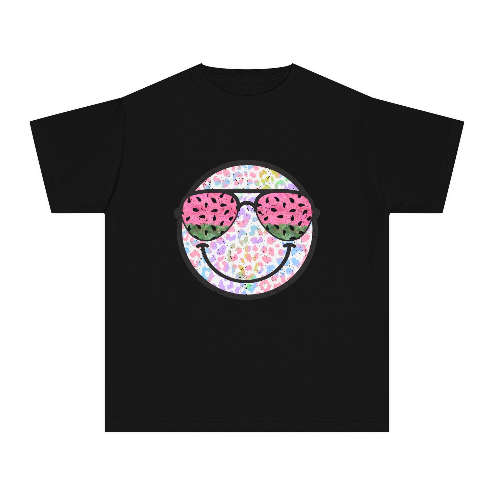 Kids’ summer t-shirt with a leopard print smiley face and watermelon sunglasses. Soft, durable cotton, available in youth sizes XS-XL. Perfect for summer activities.