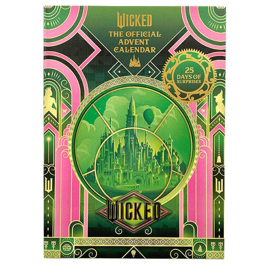 Wicked 25-Day Advent Calendar with collectible Oz-themed surprises, including patches, magnets, coasters, washi tape, and stickers. Perfect countdown gift for Wicked fans to celebrate the holiday season with daily Emerald City and Shiz University keepsakes.