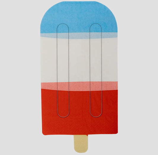 Fourth of July napkins with die cut rocket pop design, perfect for summer gatherings, picnics, and poolside parties. Includes 24 paper napkins, each measuring 3.75 X 7.75 inches.