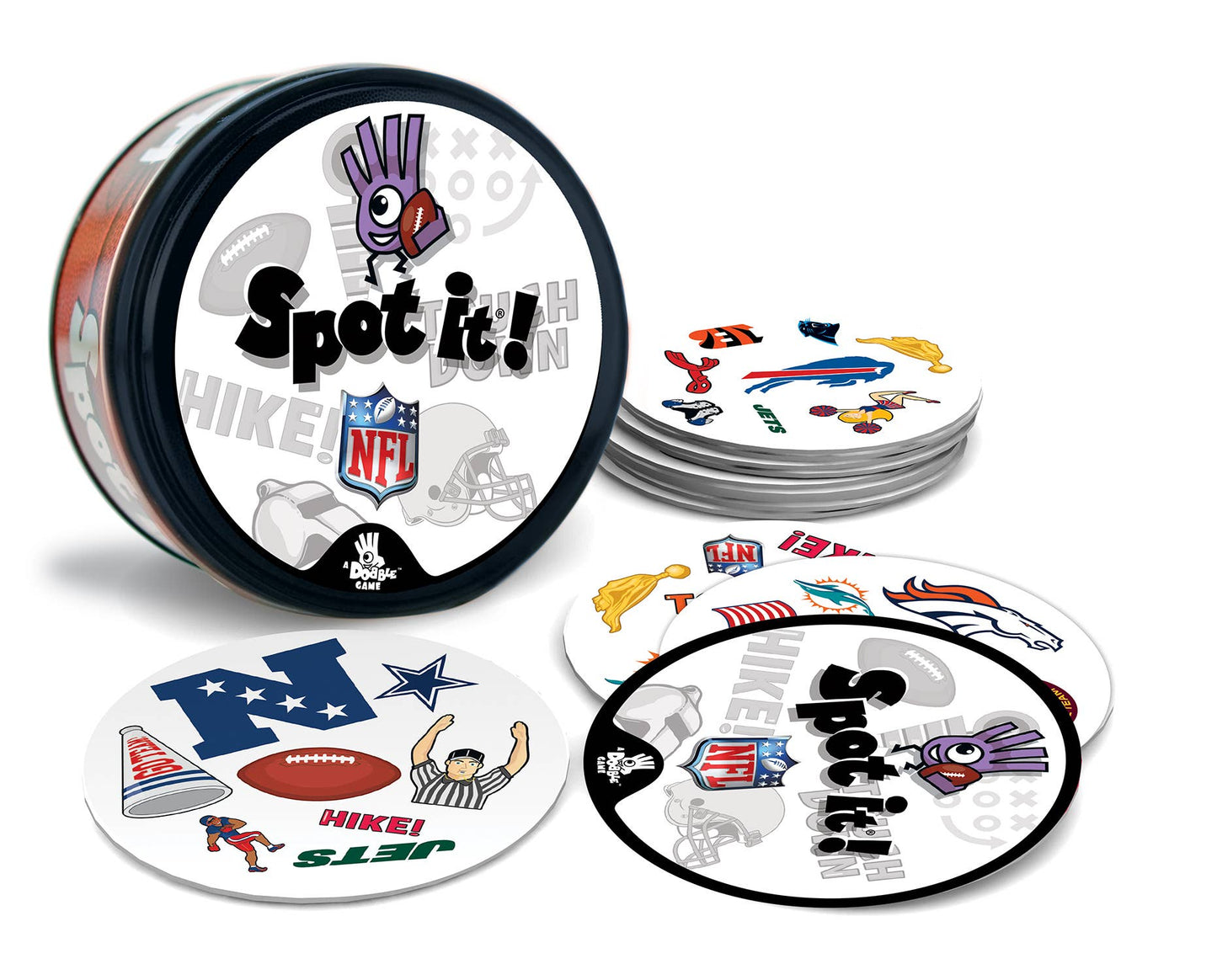 Spot It! NFL Edition: match NFL symbols across 55 cards in 5 mini-games! Fast-paced fun for kids and adults, ages 7+, perfect for family game night!