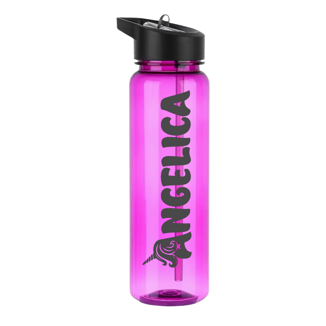 Personalized 12oz glitter name kids water bottle with unicorn font, featuring a leakproof straw and available in fun colors. Perfect for backpacks, lunchboxes, and activities like preschool, sports, and travel. Keeps beverages cold for up to 12 hours or hot for up to 8 hours. Durable and mom-approved. Hand wash vessel; lid is top-rack dishwasher safe.