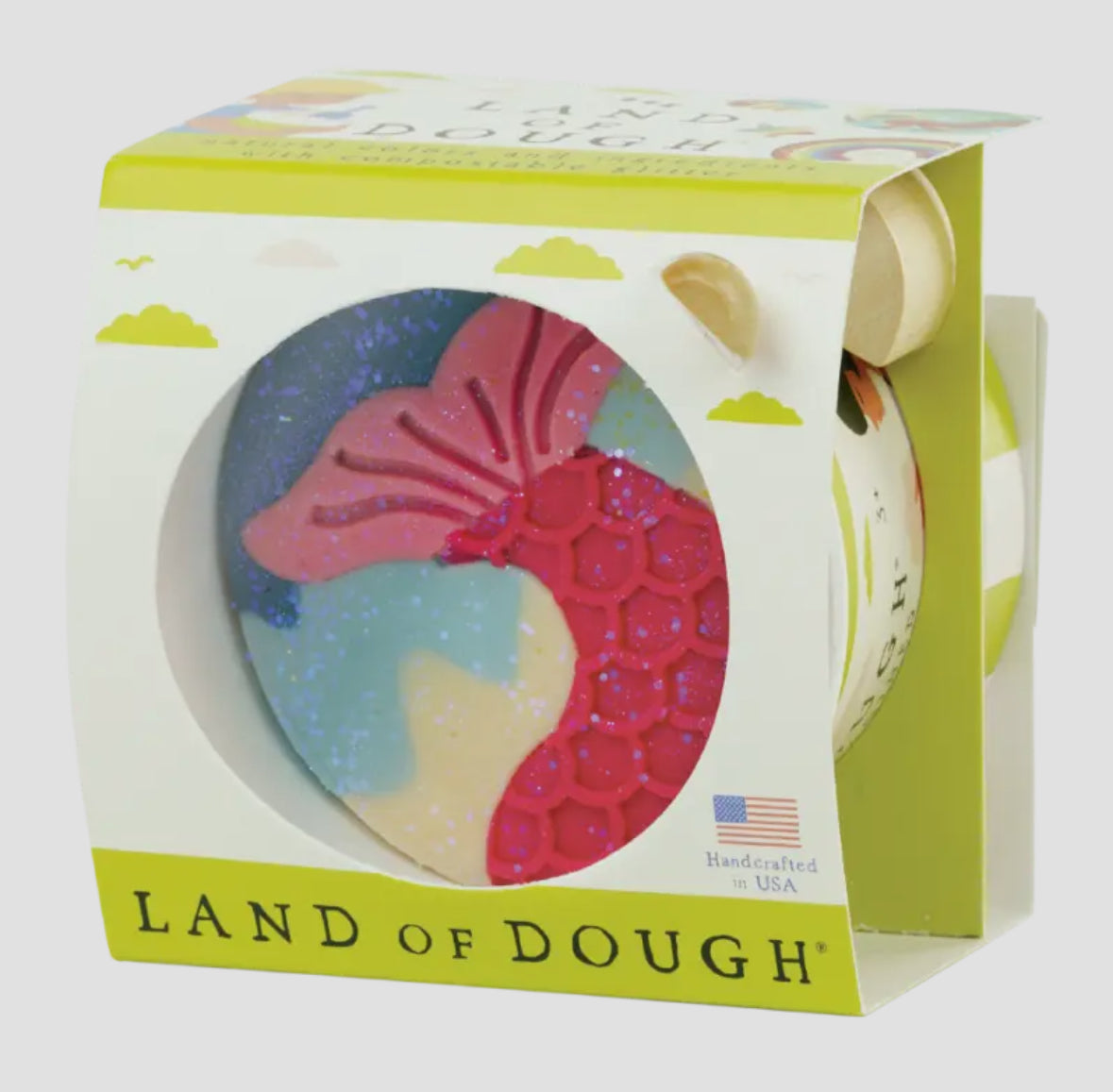 Mermaid splash play dough set featuring pink, light pink, tan, blue-green, and light blue colors with compostable multicolor glitter. Perfect for under-the-sea-loving kids to sculpt, squish, and smash. Dimensions: 3.5 x 3.5 x 2.5 inches