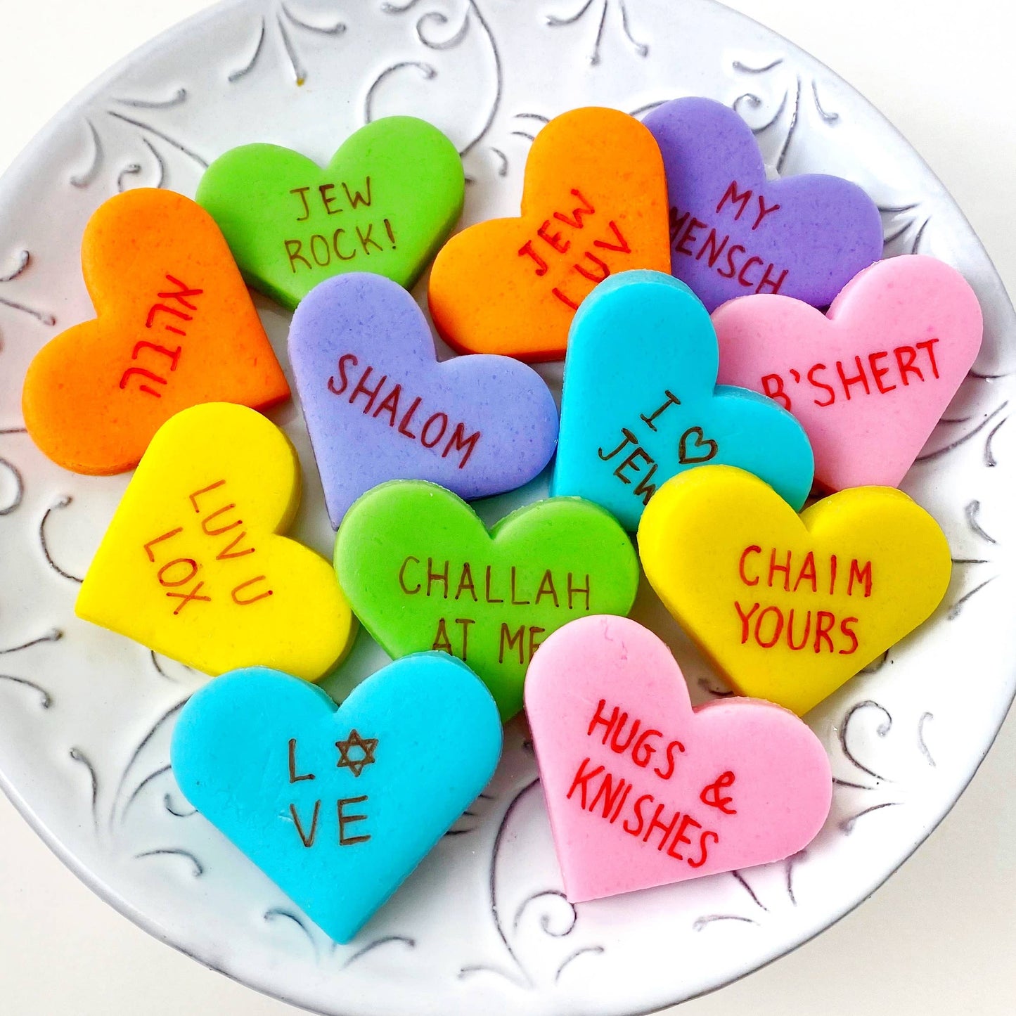 Kosher marzipan candy hearts, Jewish love sayings, almond flavor, gift boxes, 12-pack, Valentine's Day.