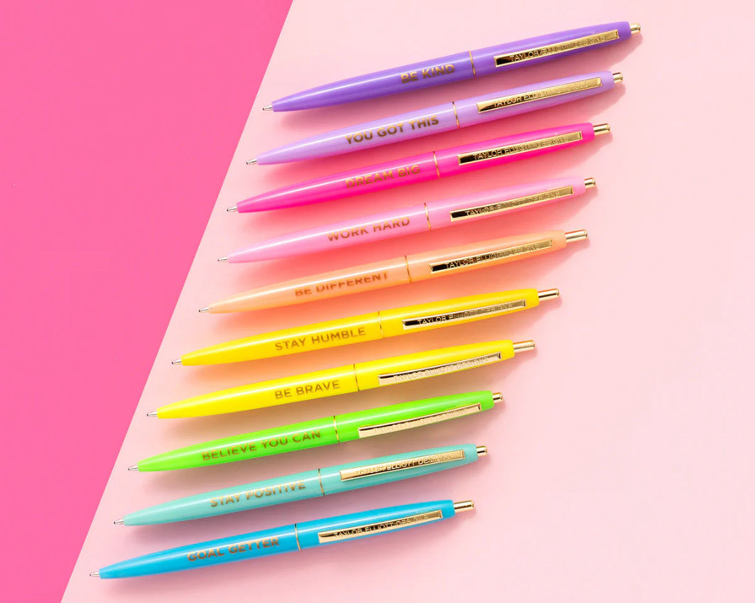 Bright and colorful motivational pens, perfect for an inspirational workspace. Each pen has black ink and gold foil imprinting, with sayings like 'Work Hard' and 'Stay Positive