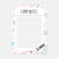 Retro Camp Notes personalized stationery set featuring 10 flat notecards and envelopes, perfect for letters and notes. A7 size (5" x 7") printed on smooth heavyweight paper.