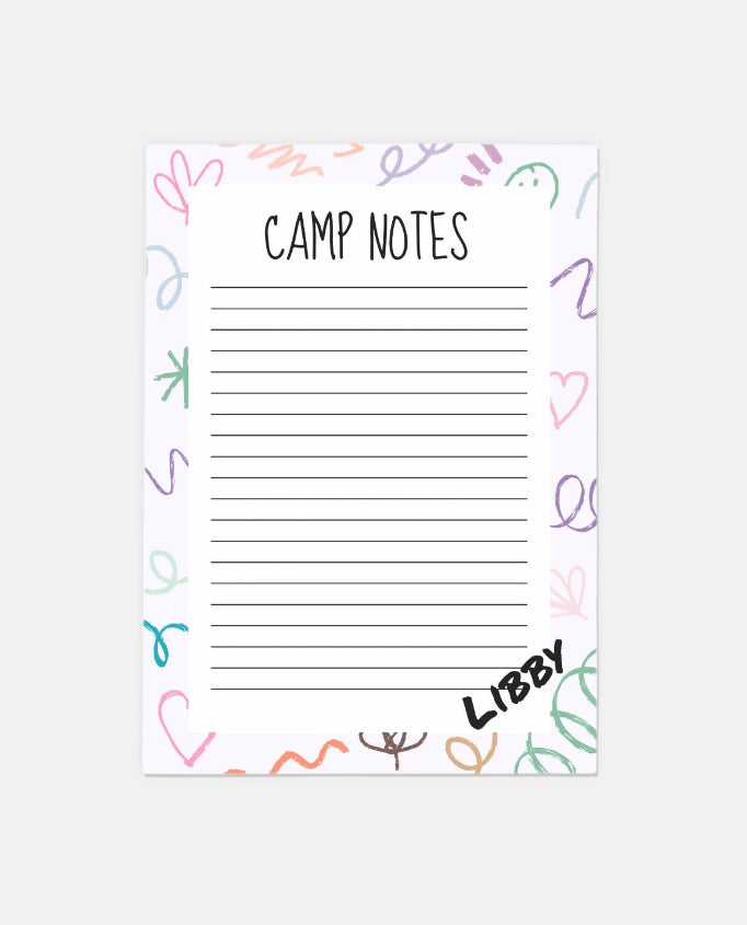 Retro Camp Notes personalized stationery set featuring 10 flat notecards and envelopes, perfect for letters and notes. A7 size (5" x 7") printed on smooth heavyweight paper.