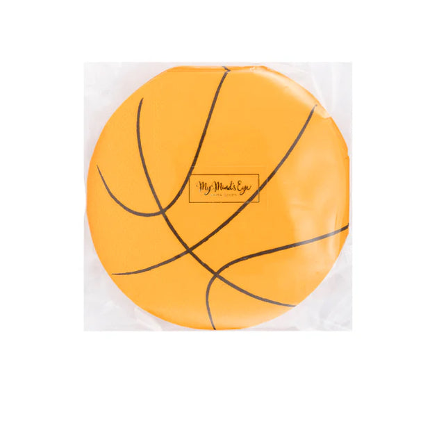 Basketball-shaped napkins, perfect for kids' parties, adding a fun touch to your event. Each package includes 24 paper napkins, measuring 5" x 5