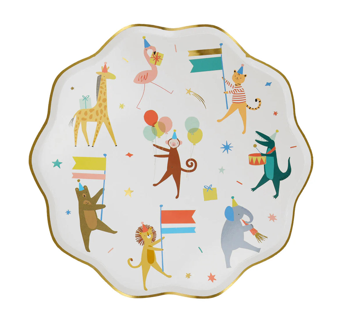 Adorable animal plates designed for children's parties, featuring bright colors and fun pompom printed details. Each plate is shaped like a bear, monkey, tiger, or lion, crafted from premium 400 gsm paper and made from sustainable FSC paper. Pack contains 8 plates in 4 designs.