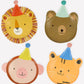 Adorable animal plates designed for children's parties, featuring bright colors and fun pompom printed details. Each plate is shaped like a bear, monkey, tiger, or lion, crafted from premium 400 gsm paper and made from sustainable FSC paper. Pack contains 8 plates in 4 designs.