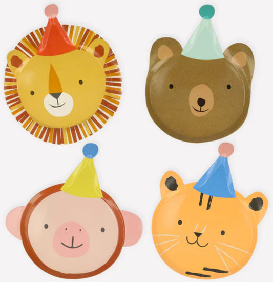 Adorable animal plates designed for children's parties, featuring bright colors and fun pompom printed details. Each plate is shaped like a bear, monkey, tiger, or lion, crafted from premium 400 gsm paper and made from sustainable FSC paper. Pack contains 8 plates in 4 designs.