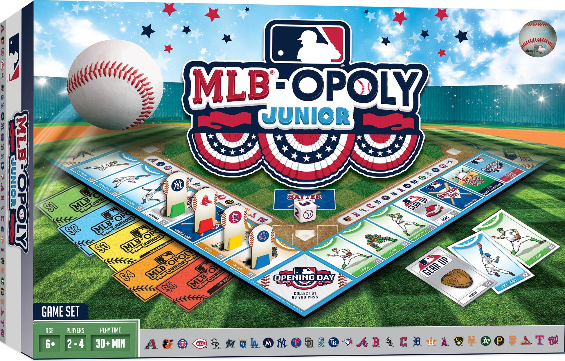 MLB® Opoly Jr. board game with static-cling stickers, create custom playing pieces, collect teams & earn money!