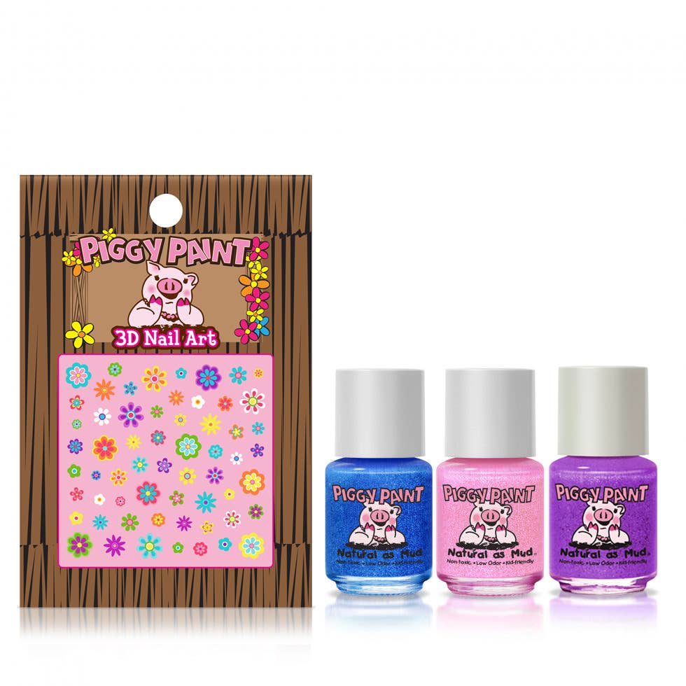 Piggy Paint Mermaid in the Shade Nail Set featuring three non-toxic, vibrant polishes (Mermaid in the Shade, Tickled Pink, Let’s Jam) and flower-themed nail art. Safe for kids and pregnancy, cruelty-free, and vegan-friendly.