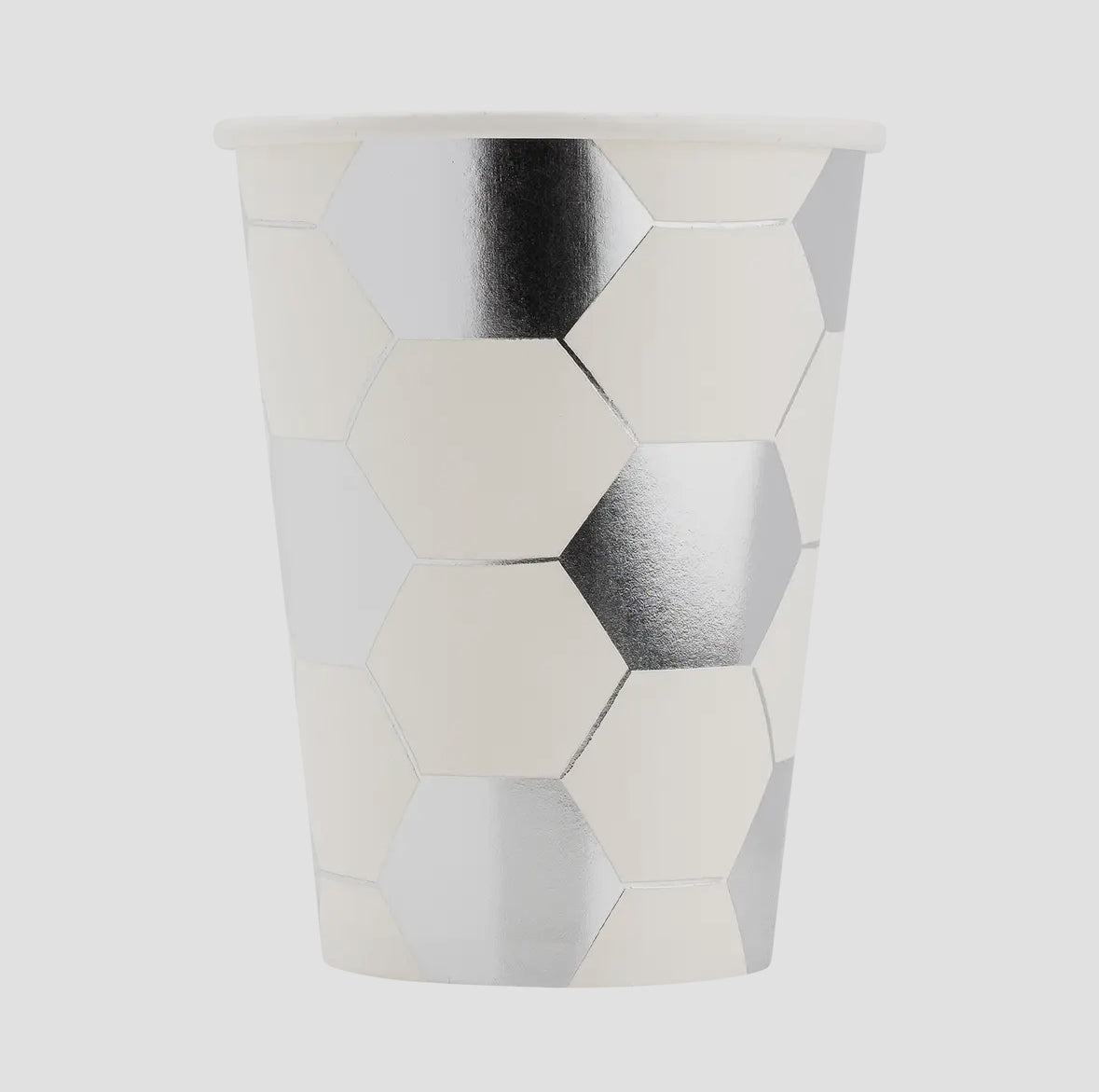 Soccer-themed 12oz paper cups, perfect for any party or soccer fan. Made from high-quality, eco-friendly paper with gold foil accents. Each package includes 8 cups, 4.5 inches tall and 3.5 inches round. Add a fun, sporty touch to your next celebration