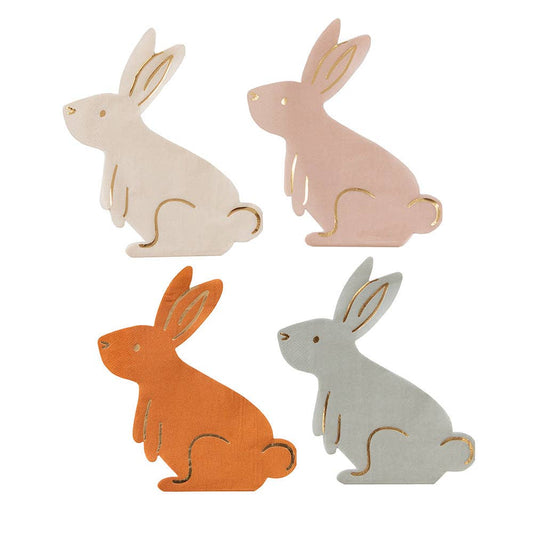 Adorable large bunny napkins in 4 colors, 7x5 inches, pack of 16; ideal for Easter table settings or springtime events, crafted by Daydream Society.