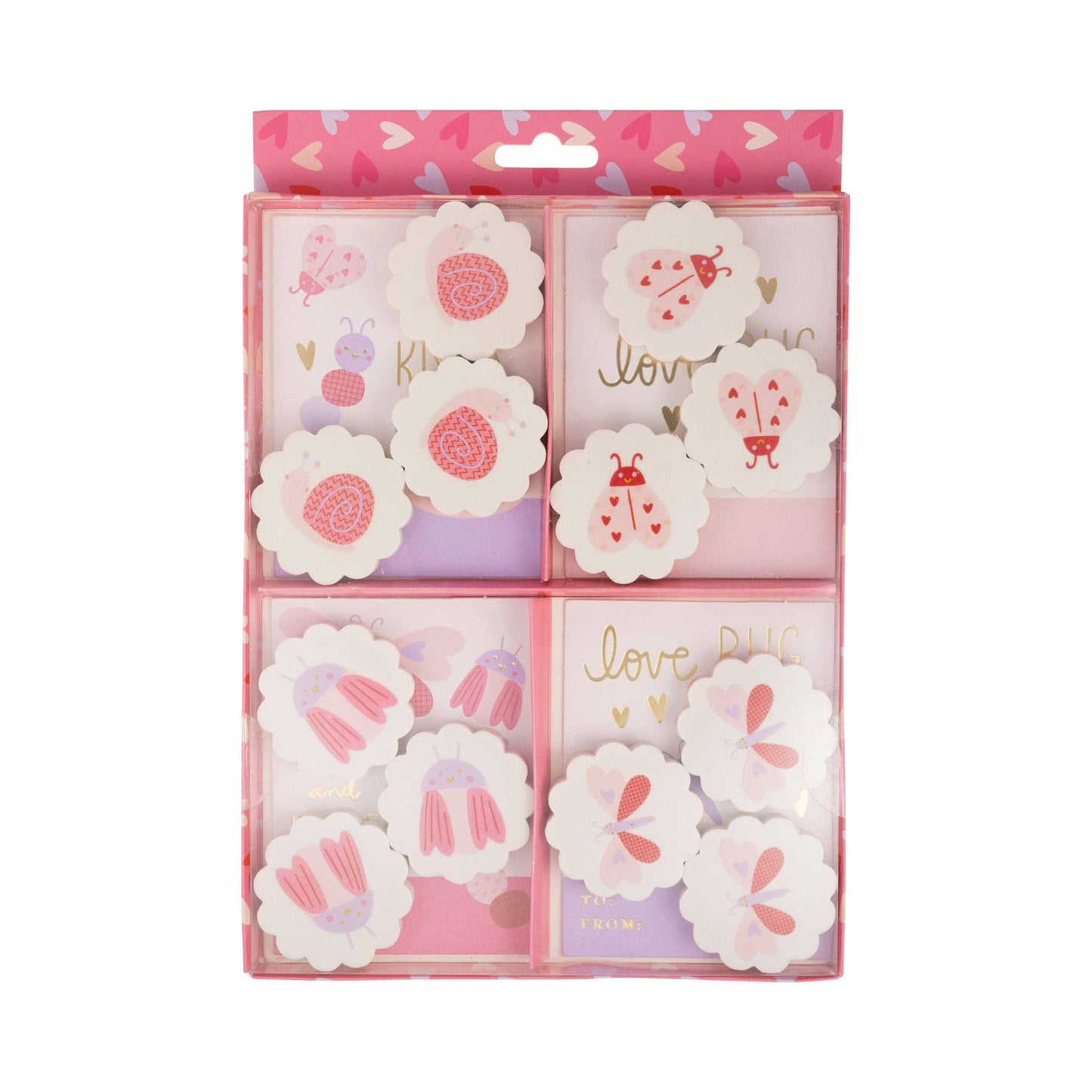 Love Bug Valentine's Day cards with 12 cards and 12 erasers, featuring cute love bug designs for kids to share.