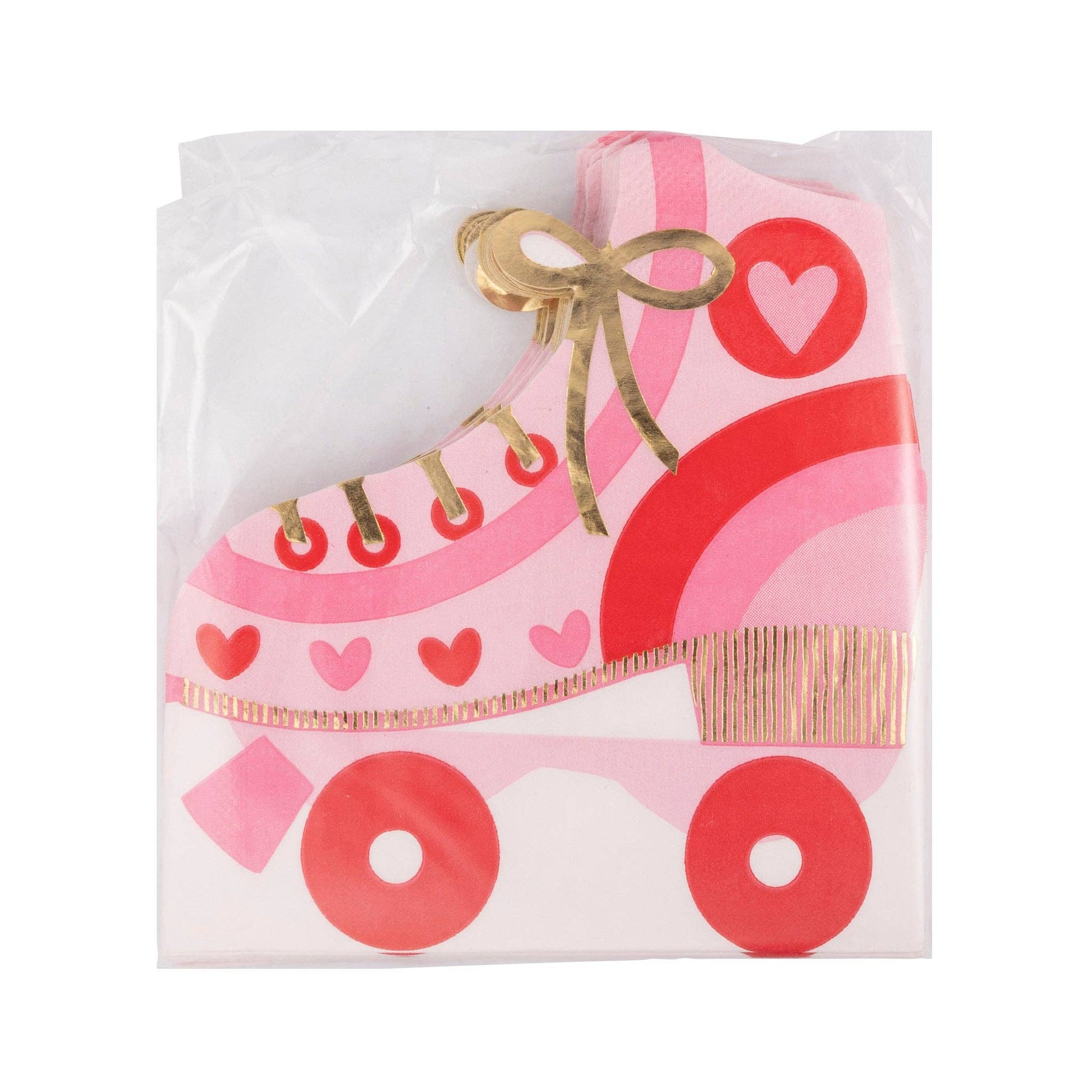 Foil roller skate shaped guest napkins, 18 paper napkins with gold foil for Valentine's Day