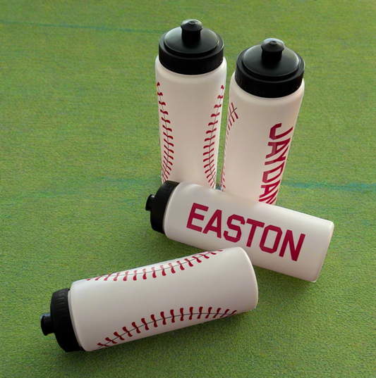 Stylish baseball-themed water bottles with pull-top caps for easy drinking, available in various colors and fonts. Perfect for sports teams, picnics, and field trips