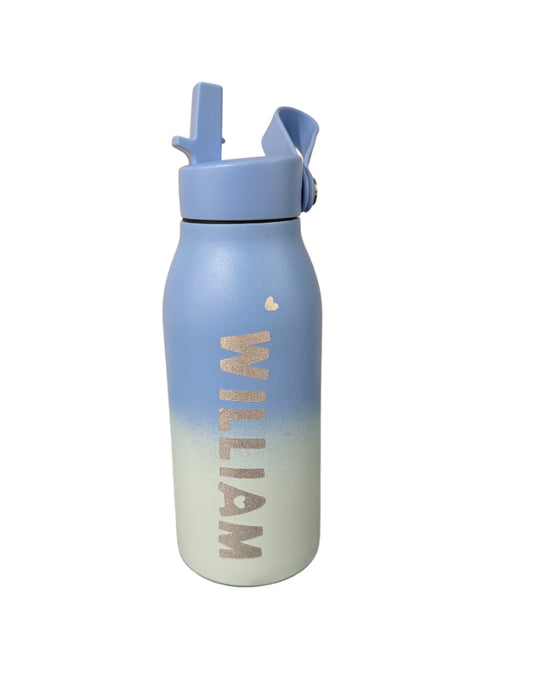 Personalized 12oz kids water bottle with glitter name, available in fun ombre colors. BPA-free, vacuum insulated, leakproof, and includes a flip-up straw and handle strap. Keeps drinks cold for 12hrs or hot for 8hrs. Perfect for school and travel