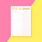 "What's For Dinner? meal planning notepad, perfect for organizing meals with ease. Size: 5.5" x 8.5", featuring 52 sheets with gold foil accents on each sheet. Includes a magnet on the back for easy display and comes in shrink-wrap packaging. 