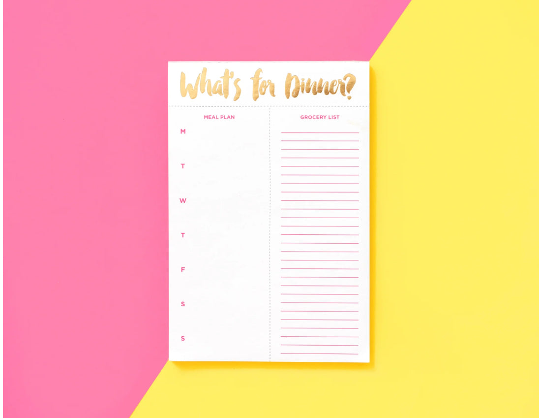 "What's For Dinner? meal planning notepad, perfect for organizing meals with ease. Size: 5.5" x 8.5", featuring 52 sheets with gold foil accents on each sheet. Includes a magnet on the back for easy display and comes in shrink-wrap packaging. 