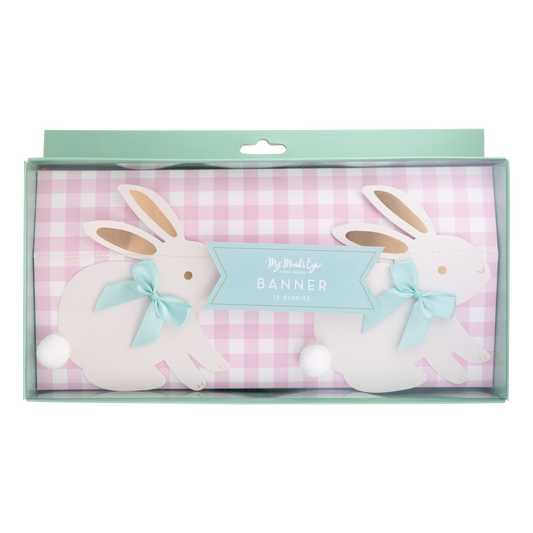 Bunnies with Ribbon Bows Banner – whimsical decor for Easter, birthdays, or baby showers, set of 3.