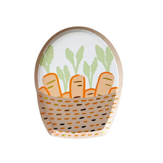 Springtime carrot basket plates with gold foil accents, 8-pack, 8x6.25 inches; playful addition to Easter tables, illustrated by Daydream Society.