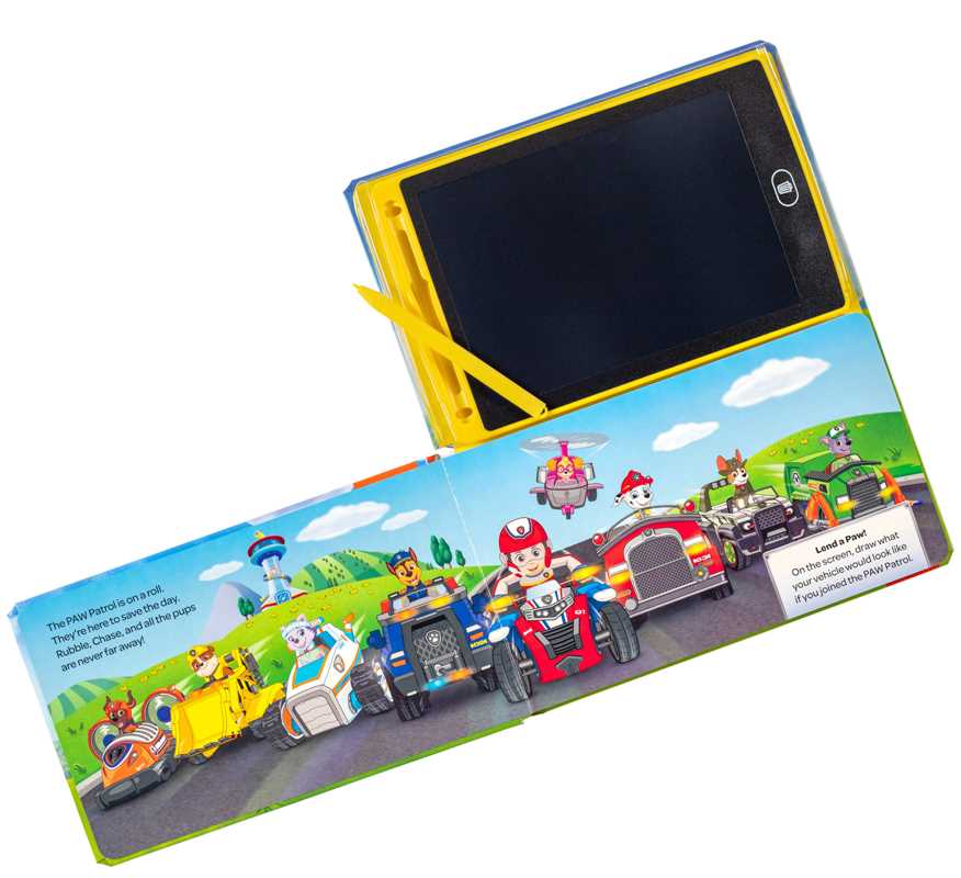 Interactive PAW-themed board book with LCD screen and stylus, 20 pages, fun rescue mission drawing.