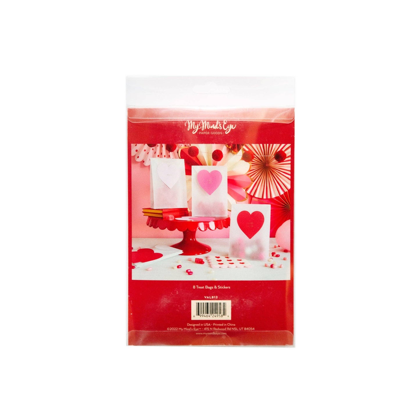 Valentine's Day glassine treat bags with heart-shaped stickers, perfect for gifting candy or small presents, includes 8 bags and 8 heart stickers.