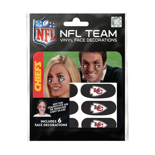 Removable NFL face decorations with vinyl eye black strips featuring team logos, perfect for game day, tailgates, and parties. Officially licensed