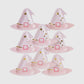 Pink witch hat-shaped disposable plates, perfect for Halloween parties. Pack of 8 plates, measuring 10" x 9", adding a fun and stylish touch to spooky celebrations.