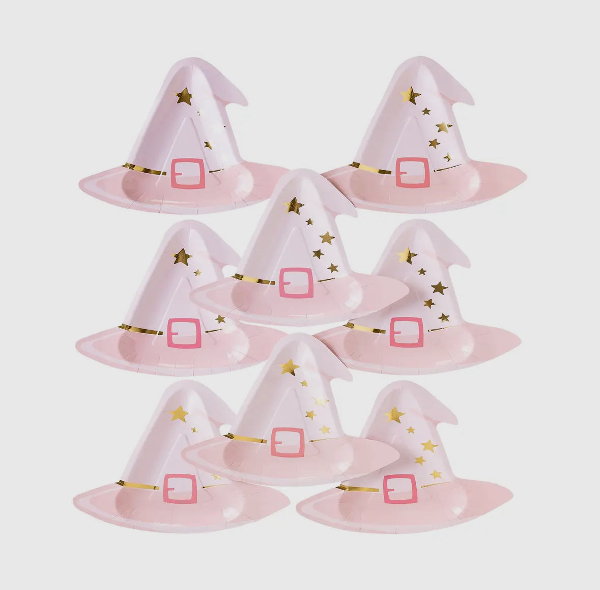 Pink witch hat-shaped disposable plates, perfect for Halloween parties. Pack of 8 plates, measuring 10" x 9", adding a fun and stylish touch to spooky celebrations.