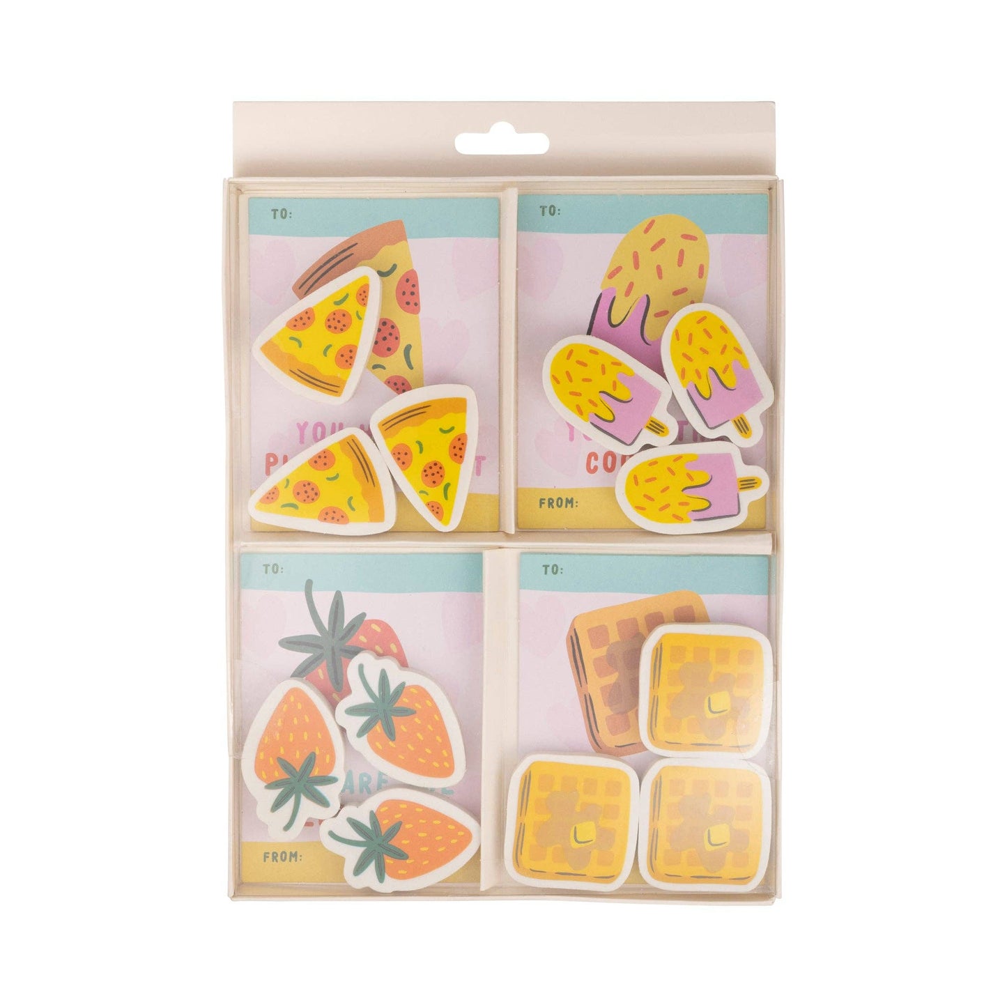 Pizza Valentine's Day cards with fun designs, 12 cards and 12 erasers, perfect for kids to share with friends.