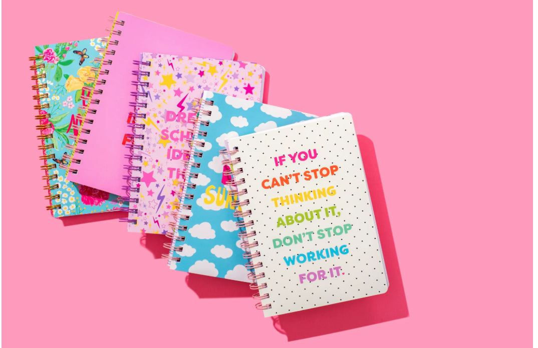 6.5" x 8.5" "Best Mom Ever" notebook with 200 lined pages, gold spiral binding, and a hot pink raised imprint on the hard cover. Perfect gift for moms, featuring perforated pages for easy tearing.