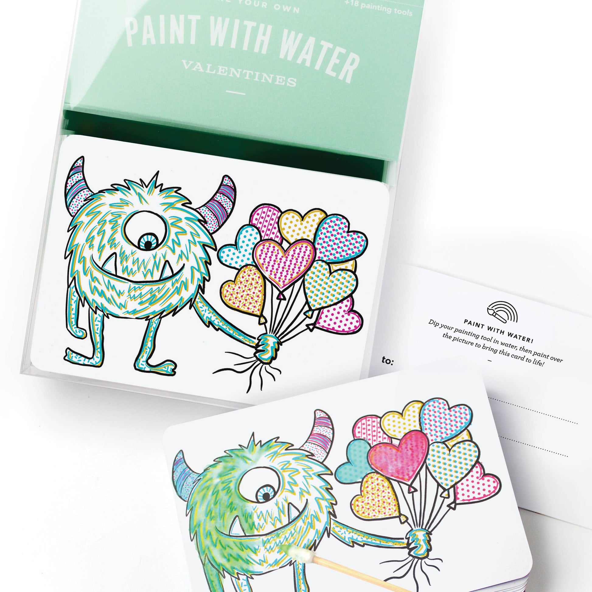 Paint With Water Valentine Cards: 18 vibrant, interactive cards with painting tools for a fun and creative Valentine's gift. Featuring a friendly monster with balloons!