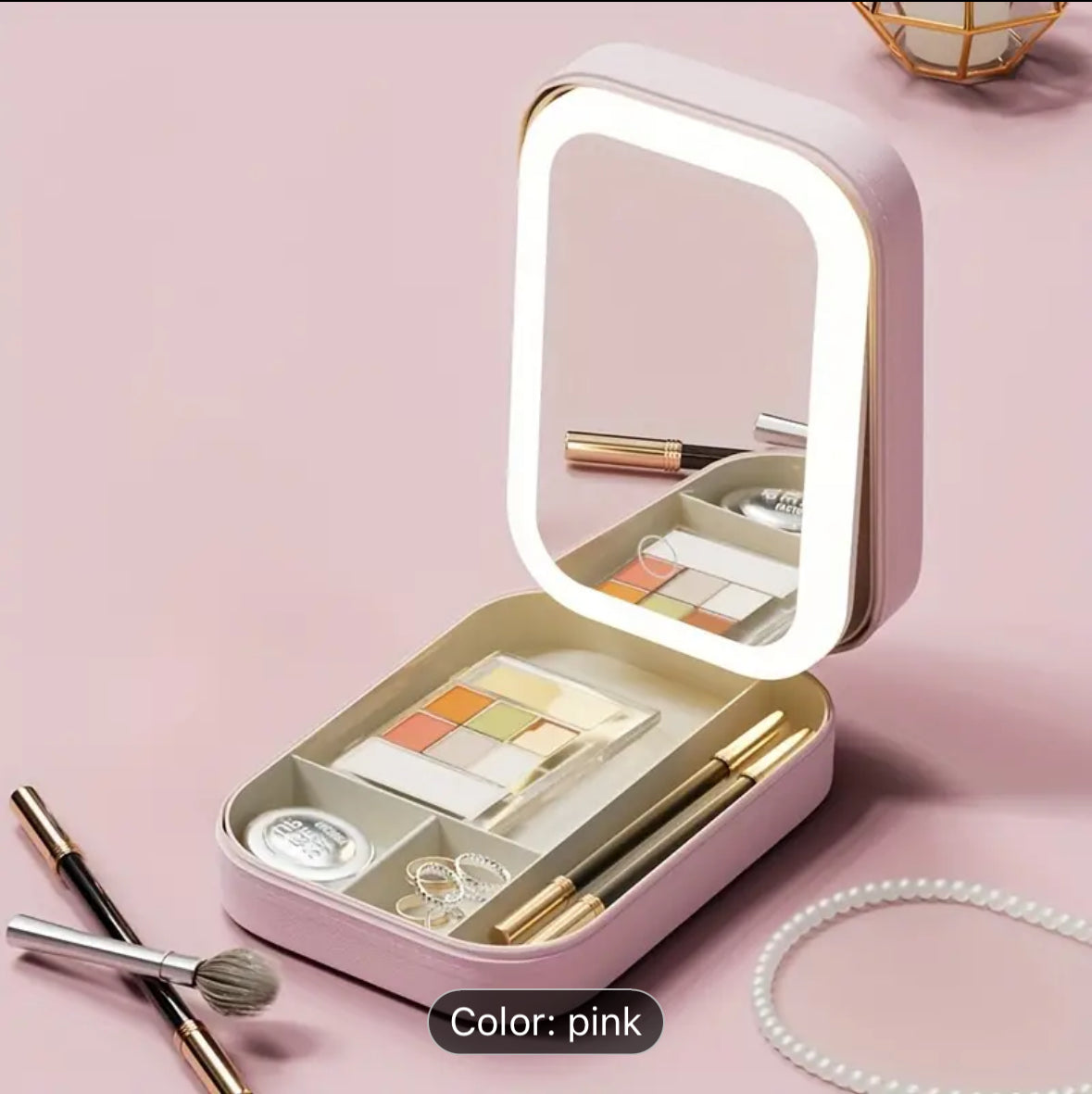 Personalized LED makeup mirror with storage, folding design for travel and home, ideal gift for women.