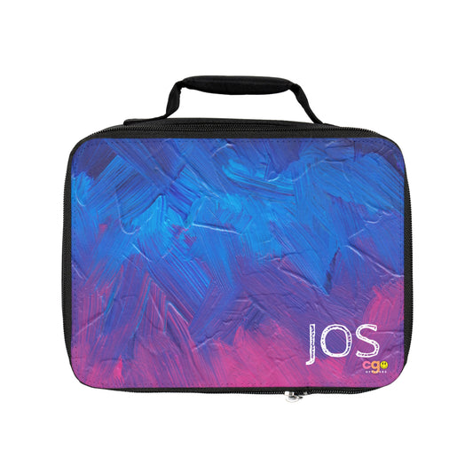 Custom insulated lunch box for kids featuring a trendy pink and blue ombre swirl design. This personalized lunch bag can be customized with your child's name, initials, or monogram. Measuring 9.5” x 7" x 2.8", it's perfect for packing lunches or snacks, easy to carry, and ideal for school or outings