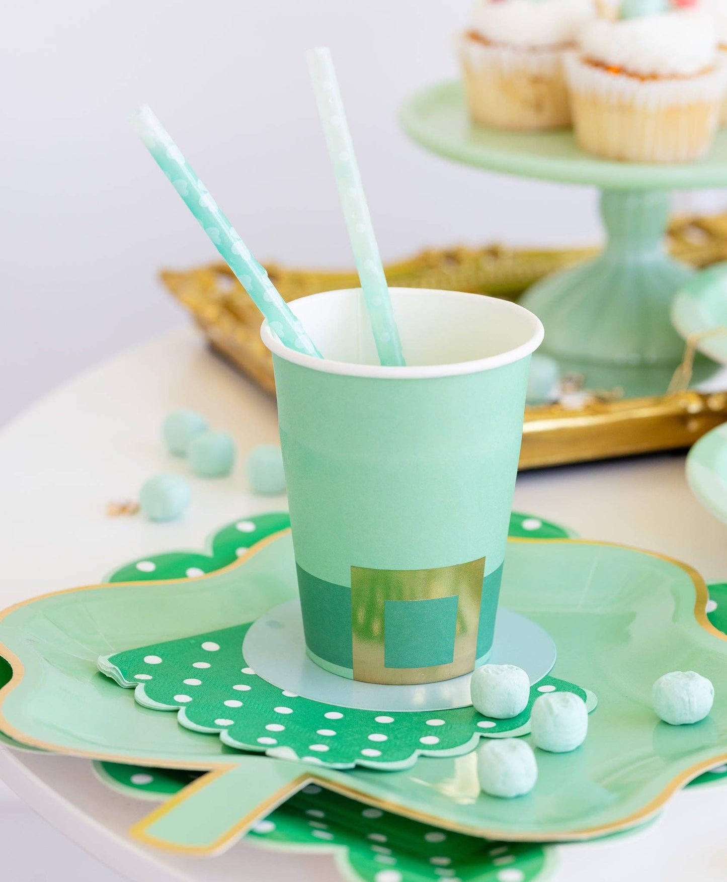 Set of 8 Leprechaun Party Cups – 12oz, 4.5" tall with gold foil and paper hat brim, perfect for St. Patrick's Day.