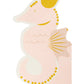 Seahorse-shaped paper napkins with gold foil accents, perfect for adding underwater charm to any under-the-sea themed celebration. Includes 18 napkins, each measuring 4.25 x 7.75 inches