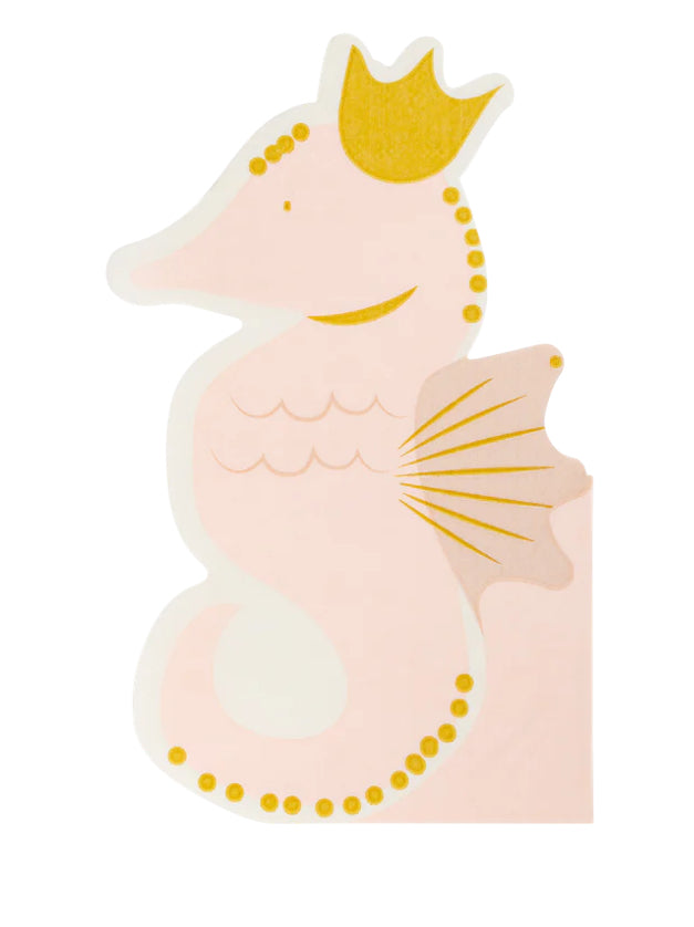 Seahorse-shaped paper napkins with gold foil accents, perfect for adding underwater charm to any under-the-sea themed celebration. Includes 18 napkins, each measuring 4.25 x 7.75 inches