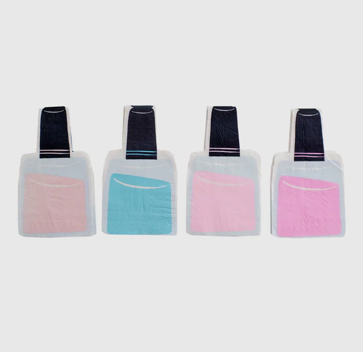 Slumber party nail polish bottle-shaped napkins with neon accents, perfect for sleepover and spa-themed parties. Illustrated by Hello!Lucky for Daydream Society. Includes 16 napkins, 4 of each color, measuring 6.5 inches wide by 8.25 inches tall. Not microwave safe.