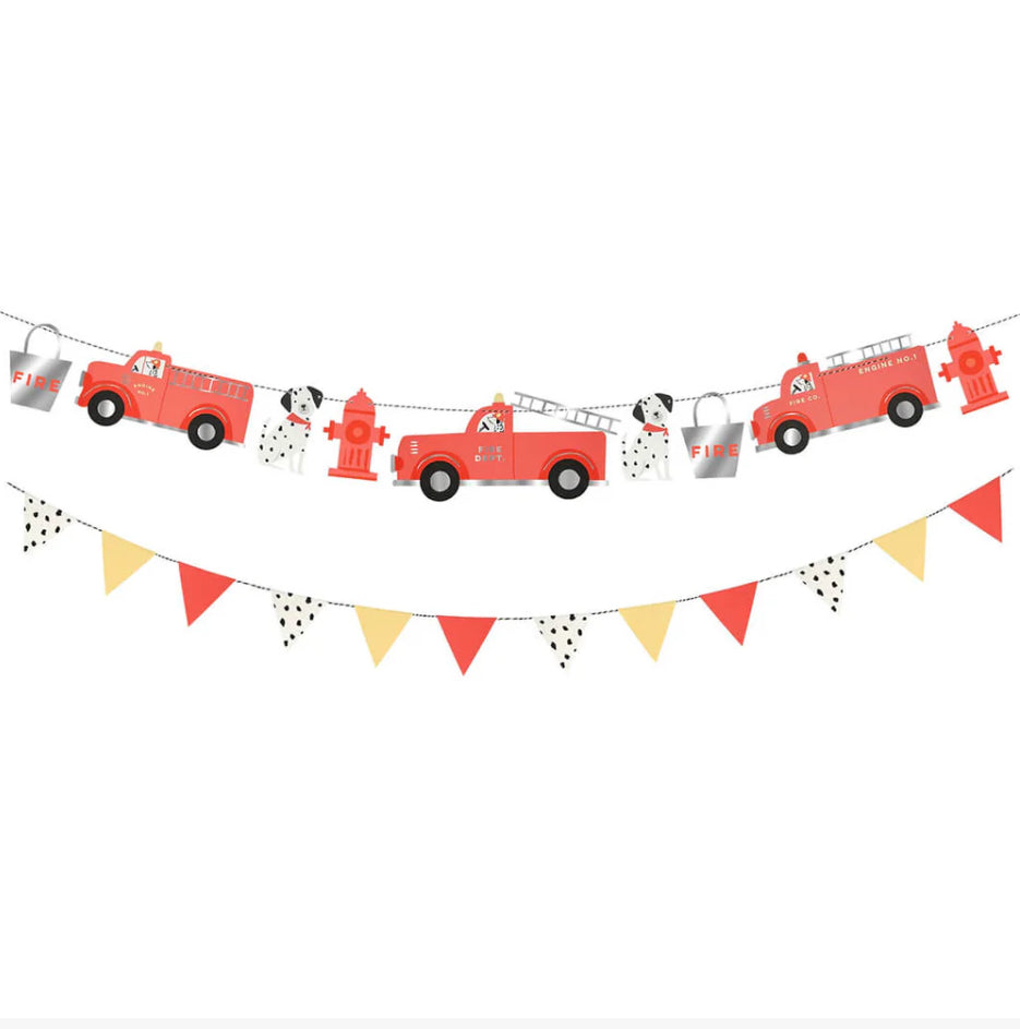 Bright red fire truck garland designed for kids' parties, featuring charming details and eco-friendly materials. Ideal for creating a fun atmosphere at fire-themed celebrations.