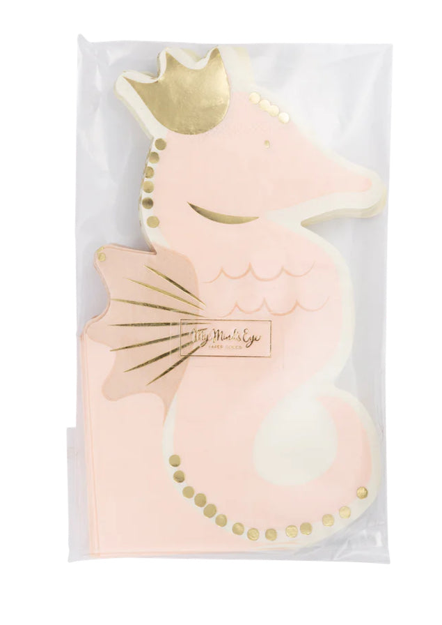 Seahorse-shaped paper napkins with gold foil accents, perfect for adding underwater charm to any under-the-sea themed celebration. Includes 18 napkins, each measuring 4.25 x 7.75 inches