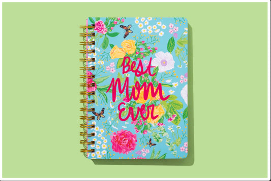 6.5" x 8.5" "Best Mom Ever" notebook with 200 lined pages, gold spiral binding, and a hot pink raised imprint on the hard cover. Perfect gift for moms, featuring perforated pages for easy tearing.6.5" x 8.5" "Best Mom Ever" notebook with 200 lined pages, gold spiral binding, and a hot pink raised imprint on the hard cover. Perfect gift for moms, featuring perforated pages for easy tearing.