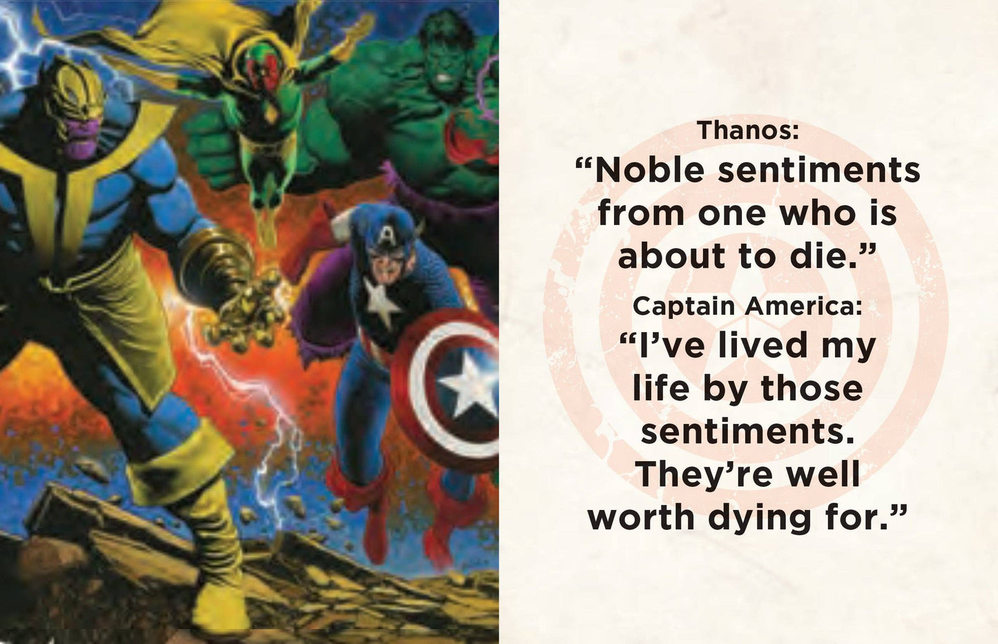 Captain America Pocket-Sized Quote Book with over 150 motivational quotes and speeches from Marvel’s iconic hero. Compact 1.34” x 1.73” size for inspiration on the go, celebrating Cap’s legacy of justice and heroism since 1941.