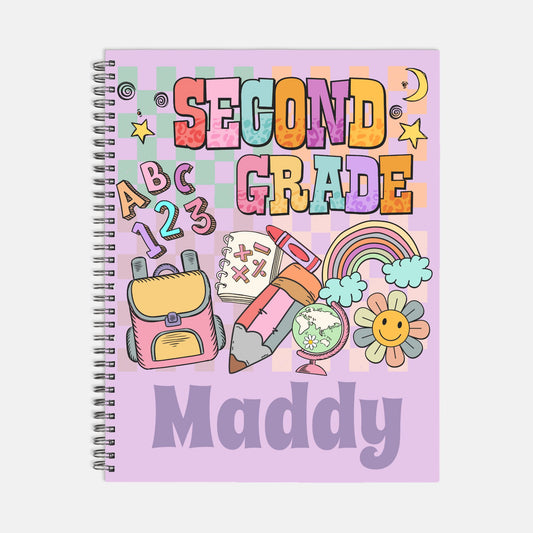 Customizable spiral notebook for second graders, measuring 8.5" x 11" and featuring a soft cover personalized with a name. Includes 120 pages (60 sheets) with options for dotted, college ruled, wide ruled, or blank pages. The notebook is spiral bound for easy use, making it perfect for organizing lesson plans, note-taking, or keeping school memories. Designed with colorful art on the front, this unique notebook is an ideal gift for teachers or students on the first day of school, with thick durable paper an